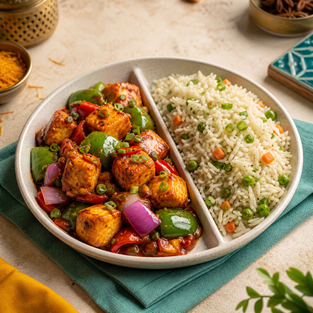Chili Paneer Served with Fried Rice