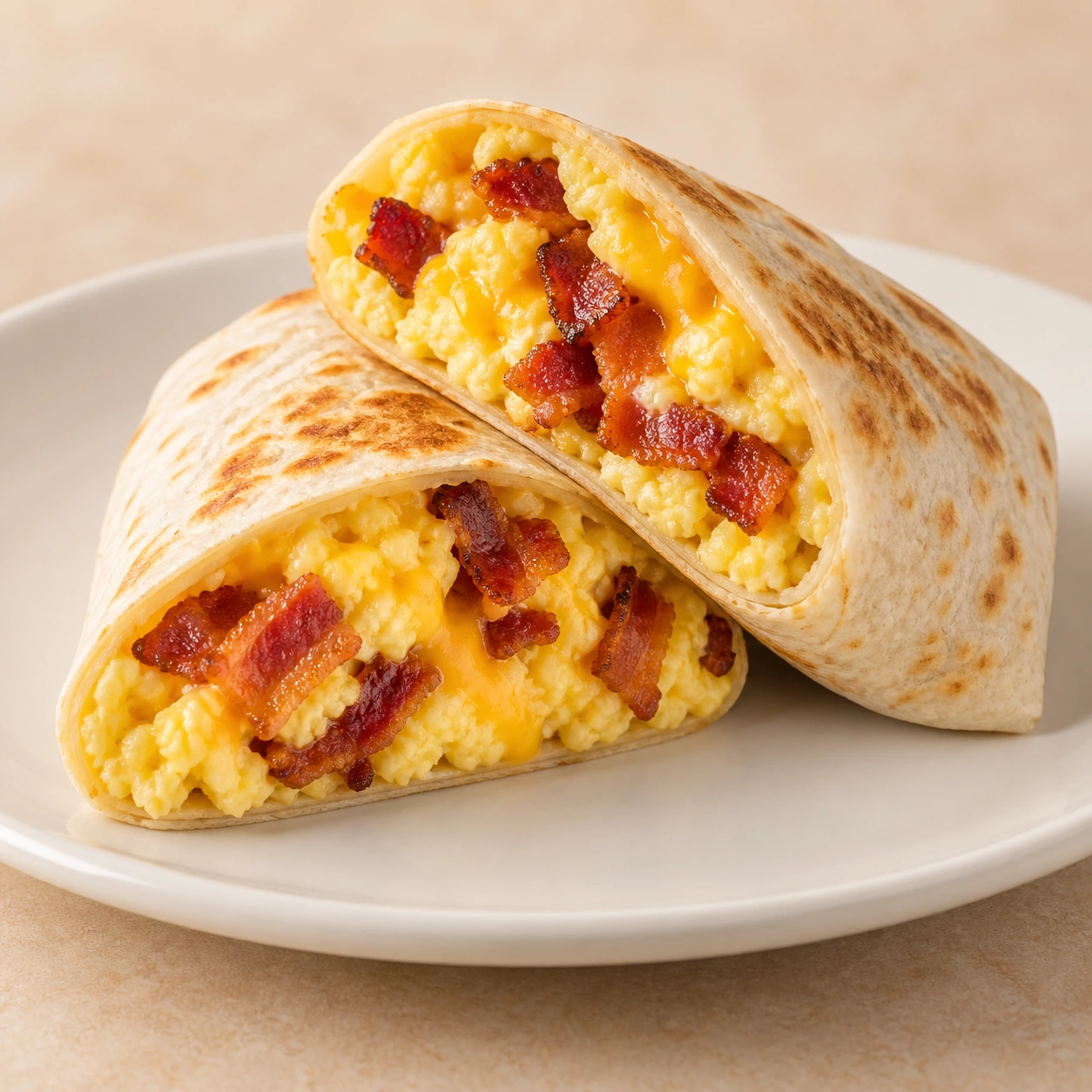 Scrambled eggs, cheese, bacon or ham wrap