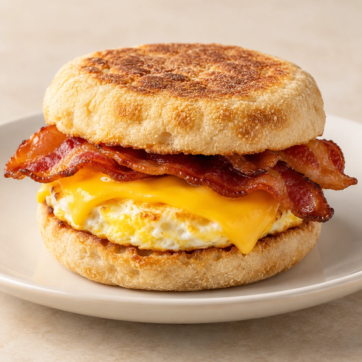 Bacon, eggs and cheese on an English muffin