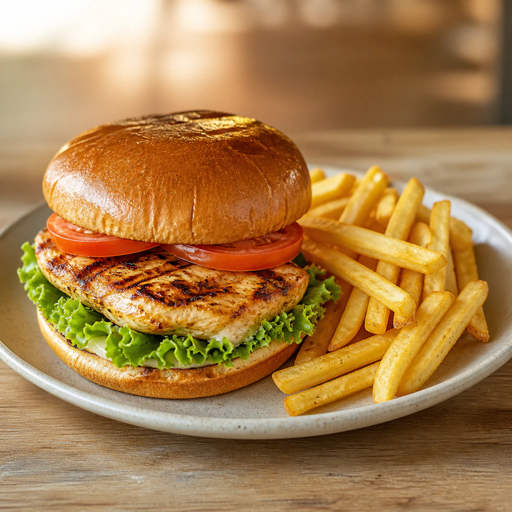 Chicken burger with fries