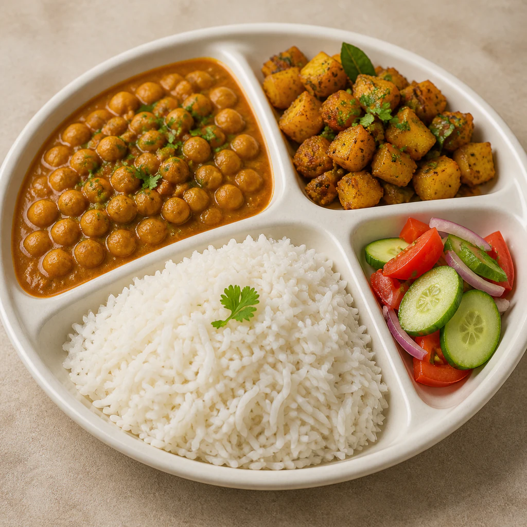Rice, Channa Curry with Potato Fry and Salad