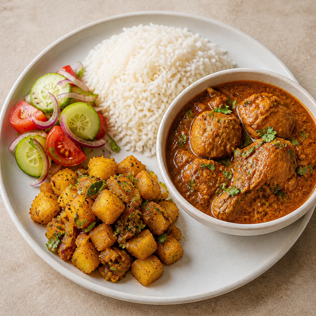 Rice, Chicken Curry with Potato Fry and Salad