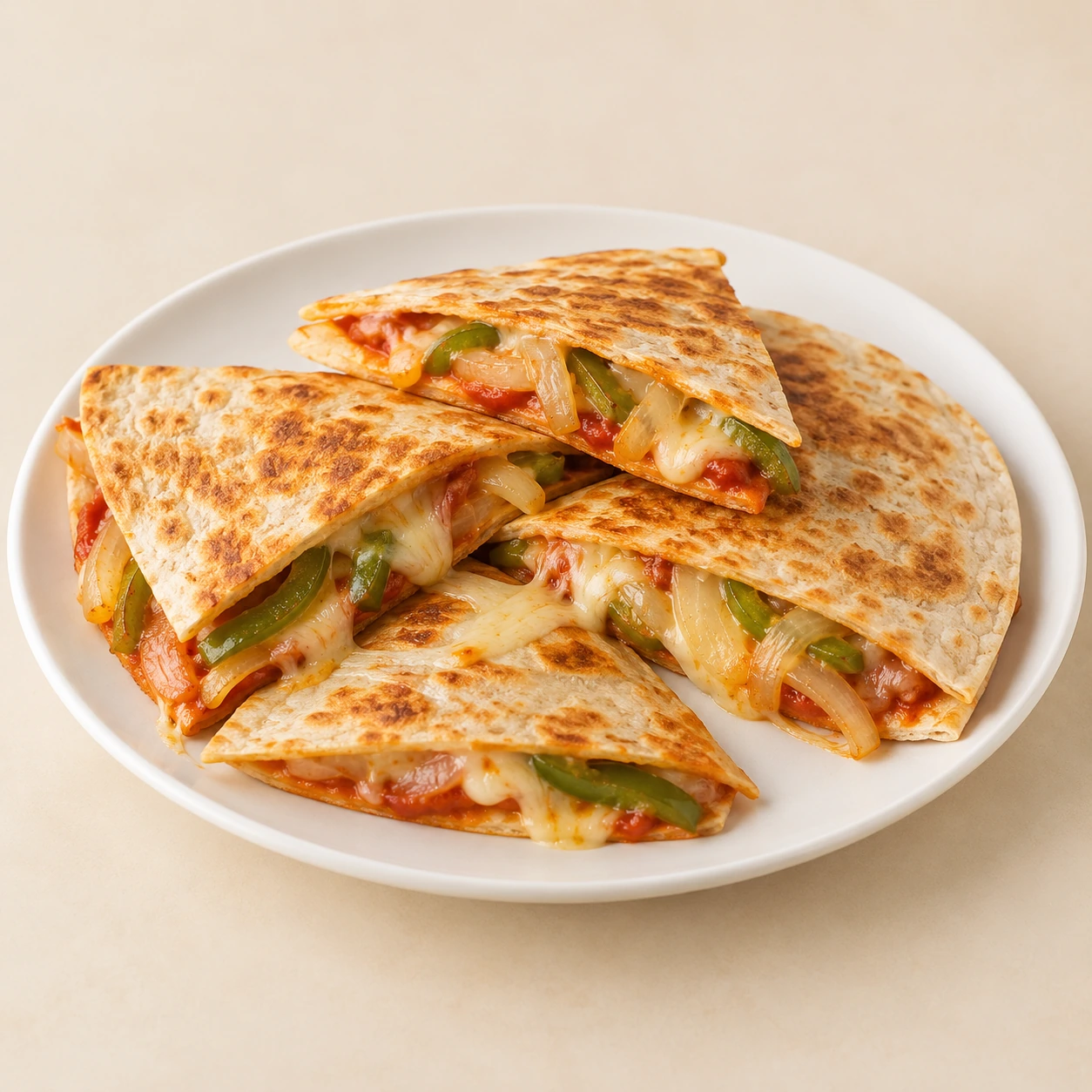 Onions and pepper . Pizza quesadilla